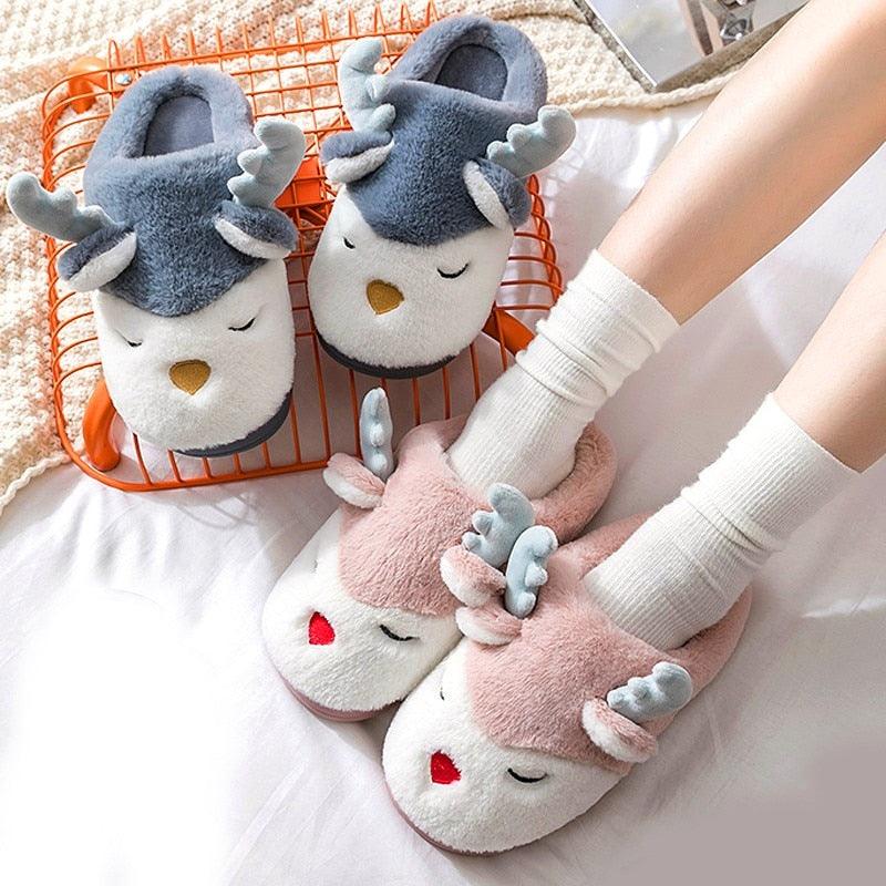 Women Winter Home Slippers Cartoon Deer Elk Non-slip Soft Warm House Shoes Men Ladies GIrs Indoor Bedroom Couples Floor Footwear - ItemBear.com