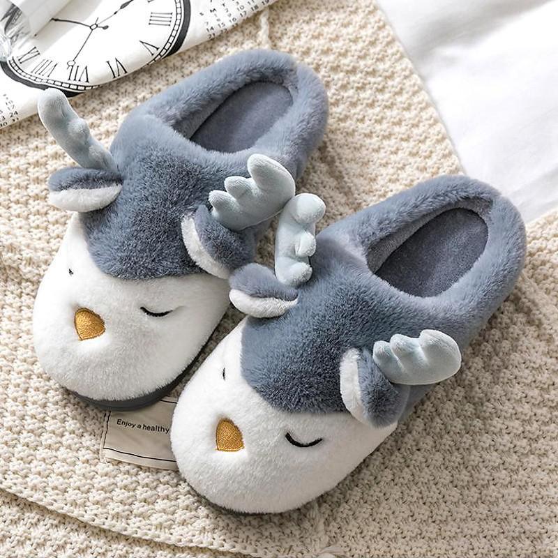 Women Winter Home Slippers Cartoon Deer Elk Non-slip Soft Warm House Shoes Men Ladies GIrs Indoor Bedroom Couples Floor Footwear - ItemBear.com