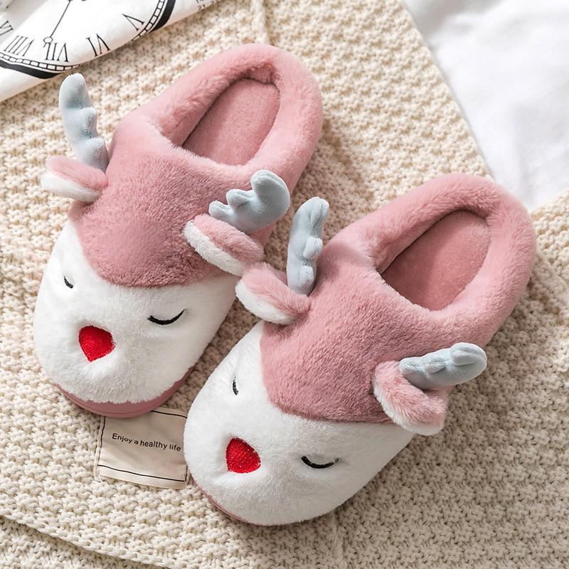 Women Winter Home Slippers Cartoon Deer Elk Non-slip Soft Warm House Shoes Men Ladies GIrs Indoor Bedroom Couples Floor Footwear - ItemBear.com