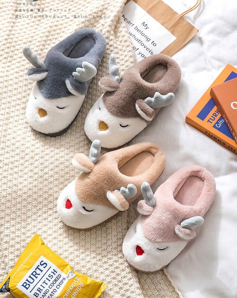 Women Winter Home Slippers Cartoon Deer Elk Non-slip Soft Warm House Shoes Men Ladies GIrs Indoor Bedroom Couples Floor Footwear - ItemBear.com