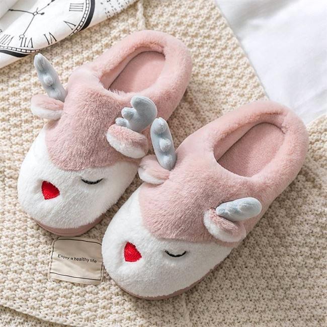 Women Winter Home Slippers Cartoon Deer Elk Non-slip Soft Warm House Shoes Men Ladies GIrs Indoor Bedroom Couples Floor Footwear - ItemBear.com