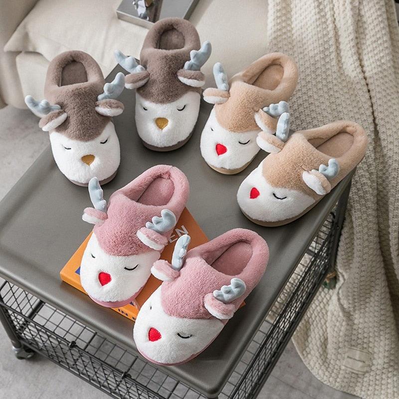 Women Winter Home Slippers Cartoon Deer Elk Non-slip Soft Warm House Shoes Men Ladies GIrs Indoor Bedroom Couples Floor Footwear - ItemBear.com