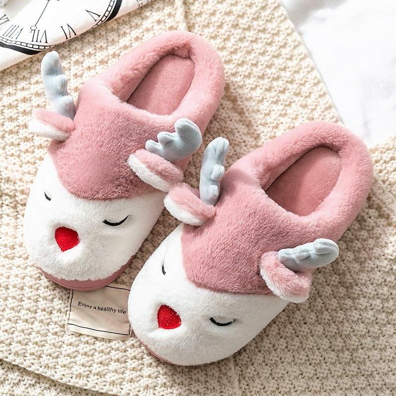 Women Winter Home Slippers Cartoon Deer Elk Non-slip Soft Warm House Shoes Men Ladies GIrs Indoor Bedroom Couples Floor Footwear - ItemBear.com