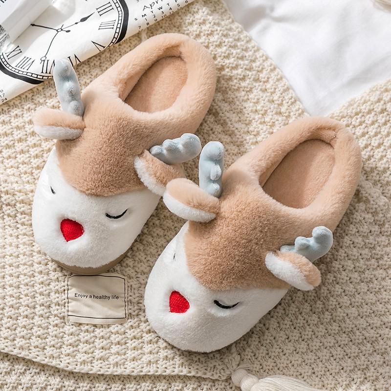 Women Winter Home Slippers Cartoon Deer Elk Non-slip Soft Warm House Shoes Men Ladies GIrs Indoor Bedroom Couples Floor Footwear - ItemBear.com