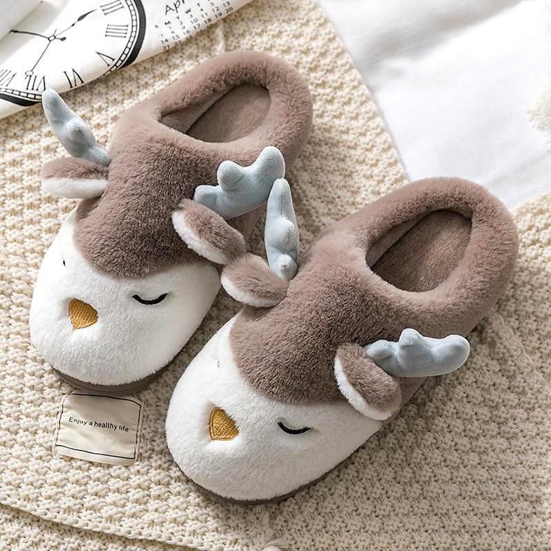 Women Winter Home Slippers Cartoon Deer Elk Non-slip Soft Warm House Shoes Men Ladies GIrs Indoor Bedroom Couples Floor Footwear - ItemBear.com