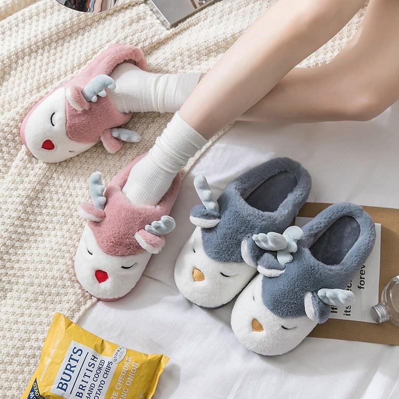 Women Winter Home Slippers Cartoon Deer Elk Non-slip Soft Warm House Shoes Men Ladies GIrs Indoor Bedroom Couples Floor Footwear - ItemBear.com