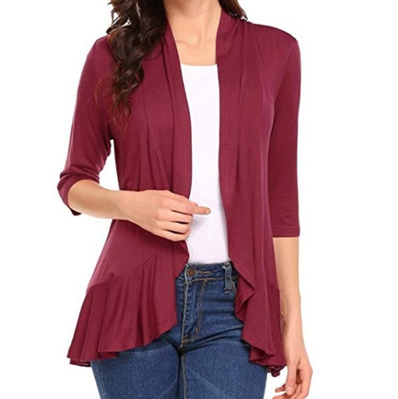 Women's Cardigan Spring Summer Autumn Clothing Solid Color Slim Top Ruffle Hem Three Quarter Sleeve Thin Simple Coat - ItemBear.com