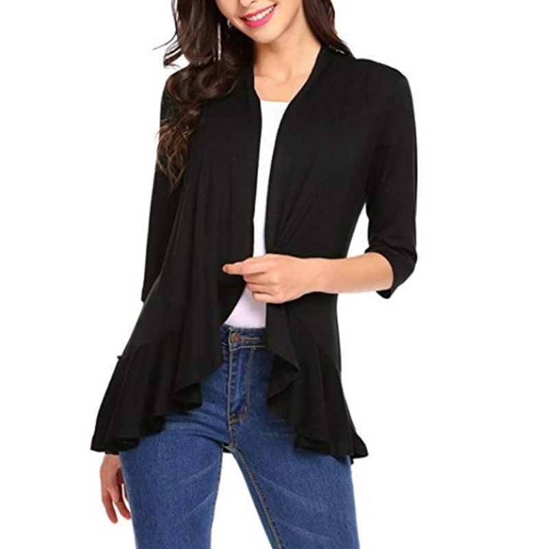 Women's Cardigan Spring Summer Autumn Clothing Solid Color Slim Top Ruffle Hem Three Quarter Sleeve Thin Simple Coat - ItemBear.com