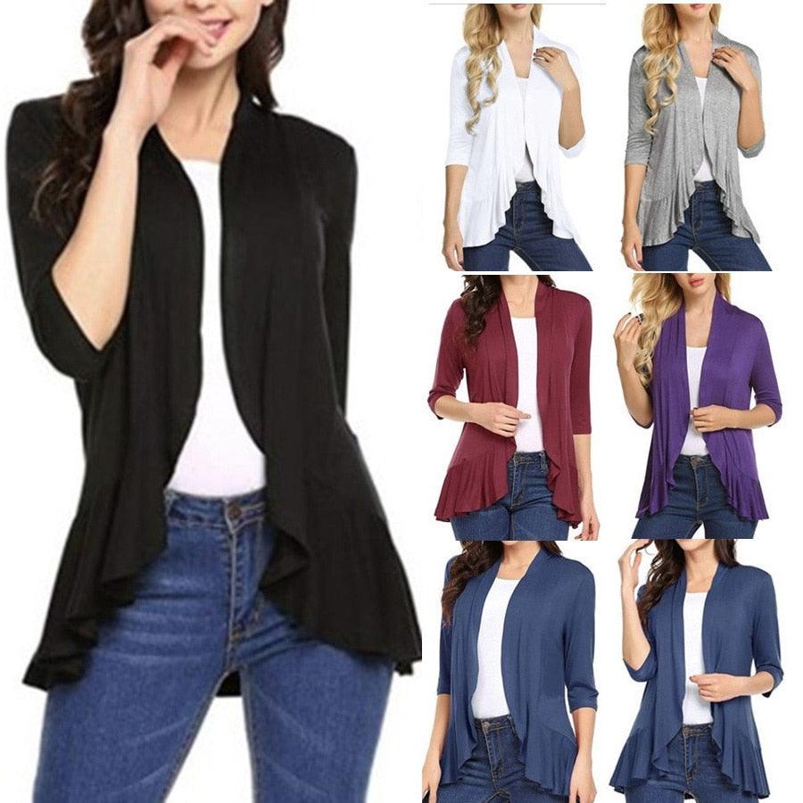 Women's Cardigan Spring Summer Autumn Clothing Solid Color Slim Top Ruffle Hem Three Quarter Sleeve Thin Simple Coat - ItemBear.com