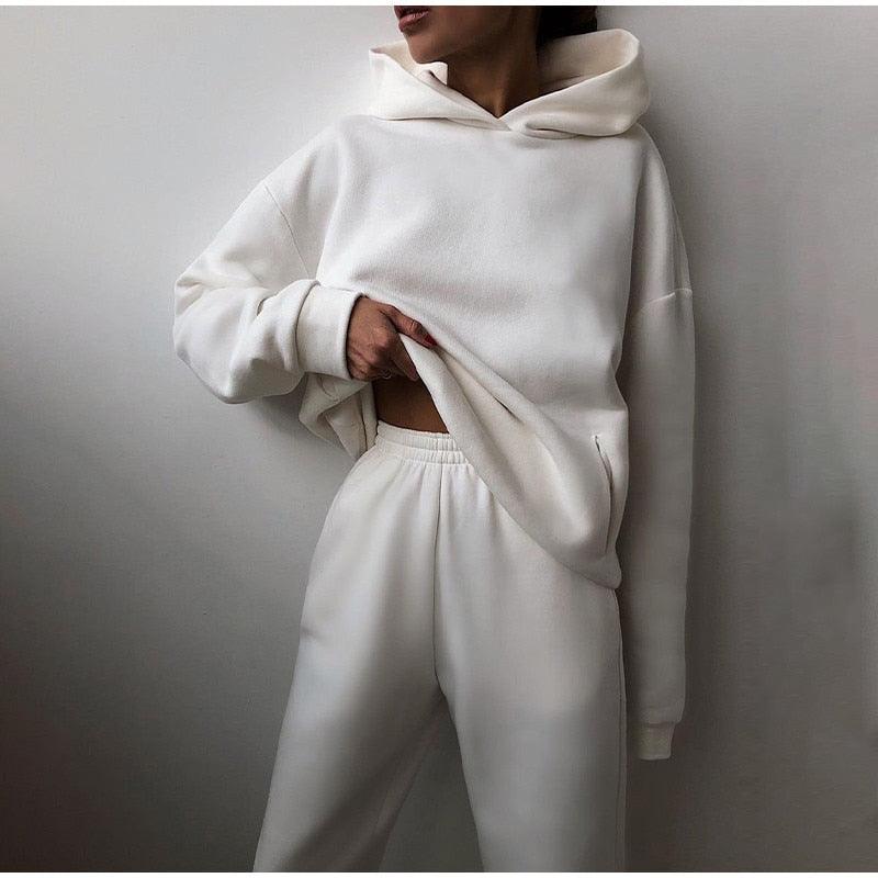 Women's Tracksuit Casual Solid Long Sleeve Hooded Sport Suits Autumn Warm Hoodie Sweatshirts and Long Pant Fleece Two Piece Sets - ItemBear.com