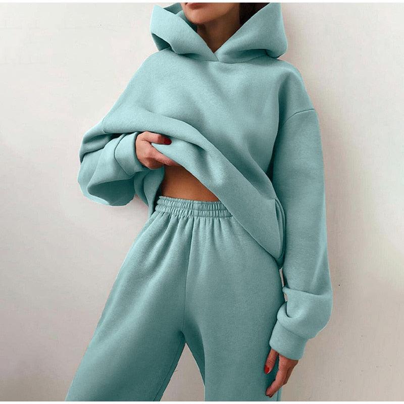 Women's Tracksuit Casual Solid Long Sleeve Hooded Sport Suits Autumn Warm Hoodie Sweatshirts and Long Pant Fleece Two Piece Sets - ItemBear.com