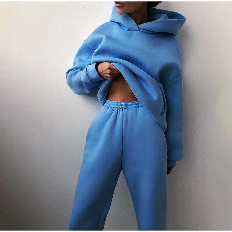 Women's Tracksuit Casual Solid Long Sleeve Hooded Sport Suits Autumn Warm Hoodie Sweatshirts and Long Pant Fleece Two Piece Sets - ItemBear.com