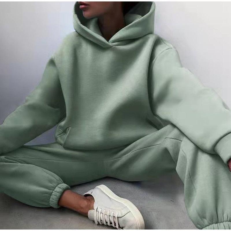 Women's Tracksuit Casual Solid Long Sleeve Hooded Sport Suits Autumn Warm Hoodie Sweatshirts and Long Pant Fleece Two Piece Sets - ItemBear.com