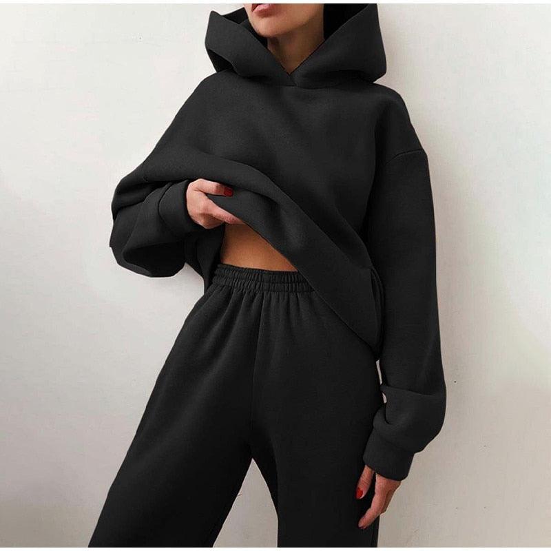 Women's Tracksuit Casual Solid Long Sleeve Hooded Sport Suits Autumn Warm Hoodie Sweatshirts and Long Pant Fleece Two Piece Sets - ItemBear.com