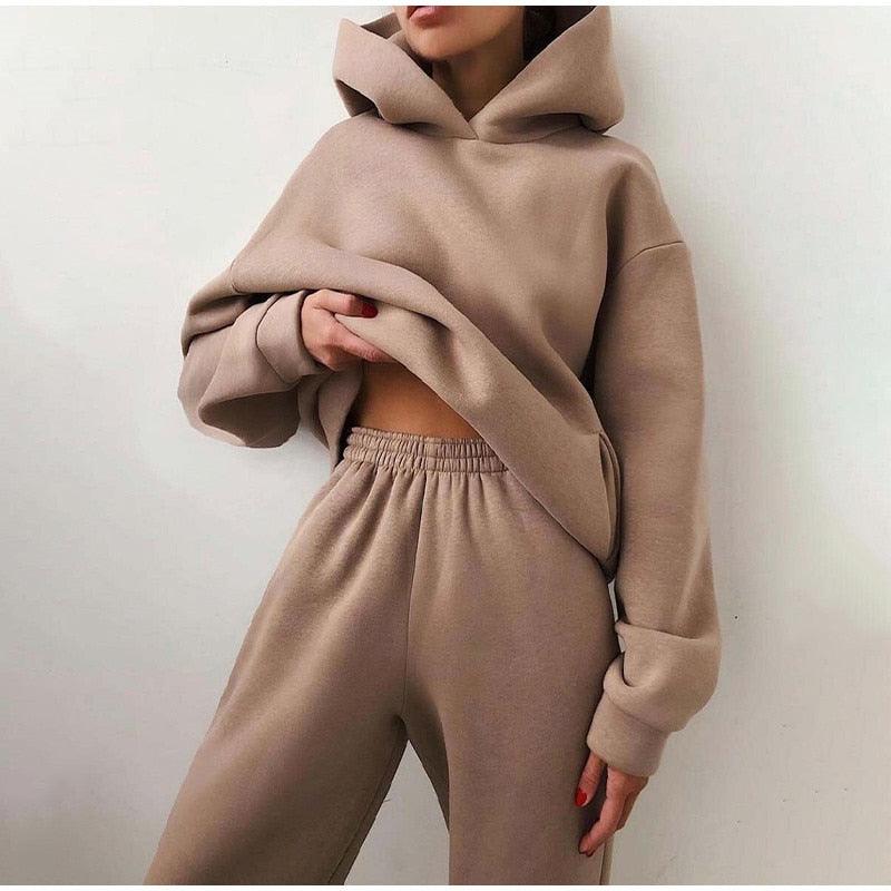 Women's Tracksuit Casual Solid Long Sleeve Hooded Sport Suits Autumn Warm Hoodie Sweatshirts and Long Pant Fleece Two Piece Sets - ItemBear.com