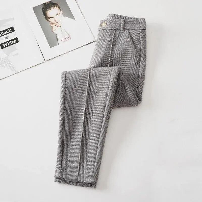 Woolen suit pants women's autumn and winter new Korean style fashion solid color high waist thickened warm casual harem pants - ItemBear.com