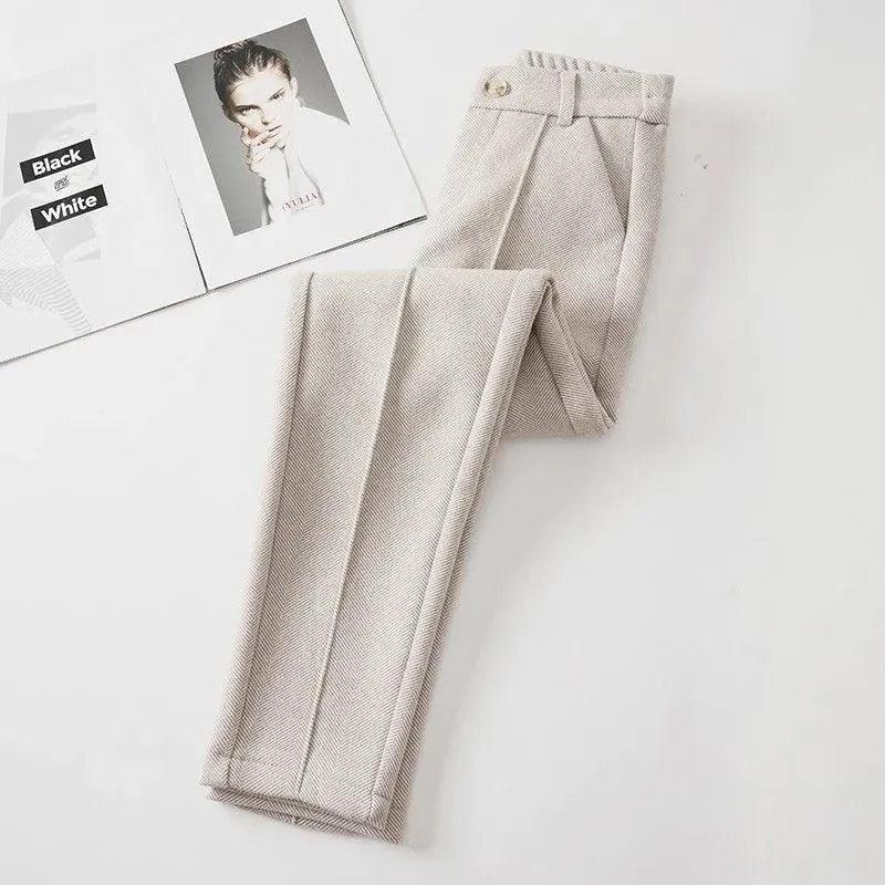 Woolen suit pants women's autumn and winter new Korean style fashion solid color high waist thickened warm casual harem pants - ItemBear.com