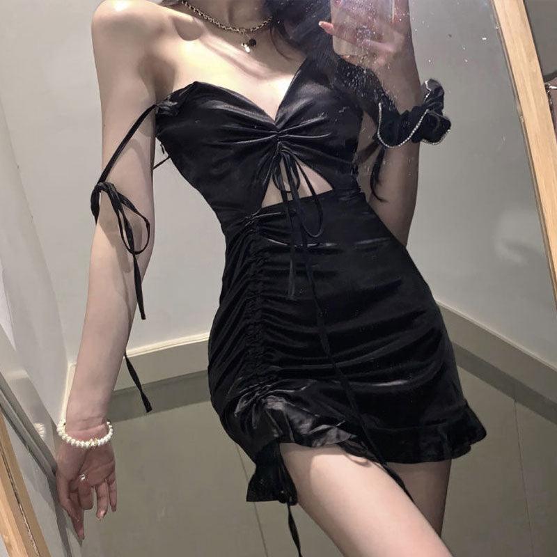 Y2K Black Ruched Satin Mini Dress - ItemBear.com