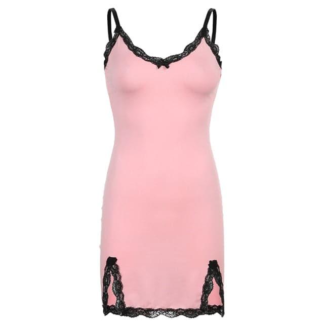 Y2K Gemini Angel Pink Split Black Lace Trim Mini Dress - ItemBear.com