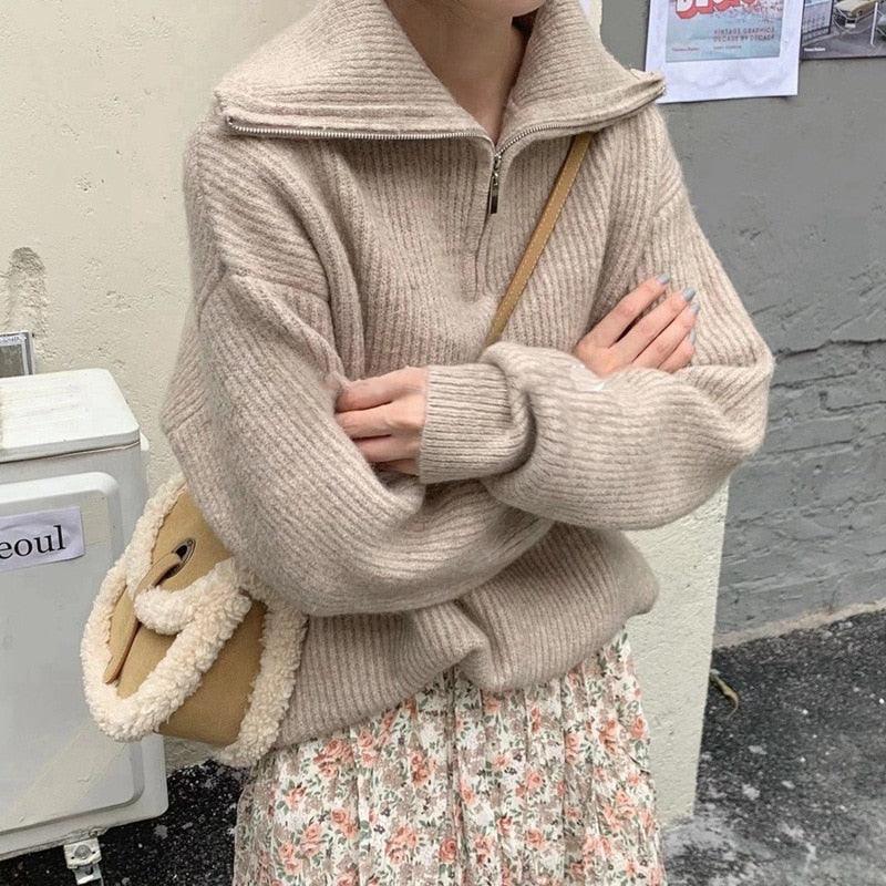 Zip Up Knitted Long Sleeve Sweater - ItemBear.com