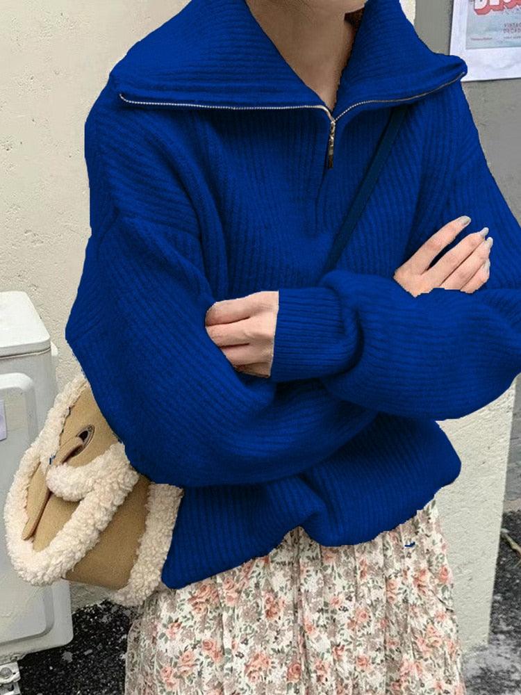 Zip Up Knitted Long Sleeve Sweater - ItemBear.com