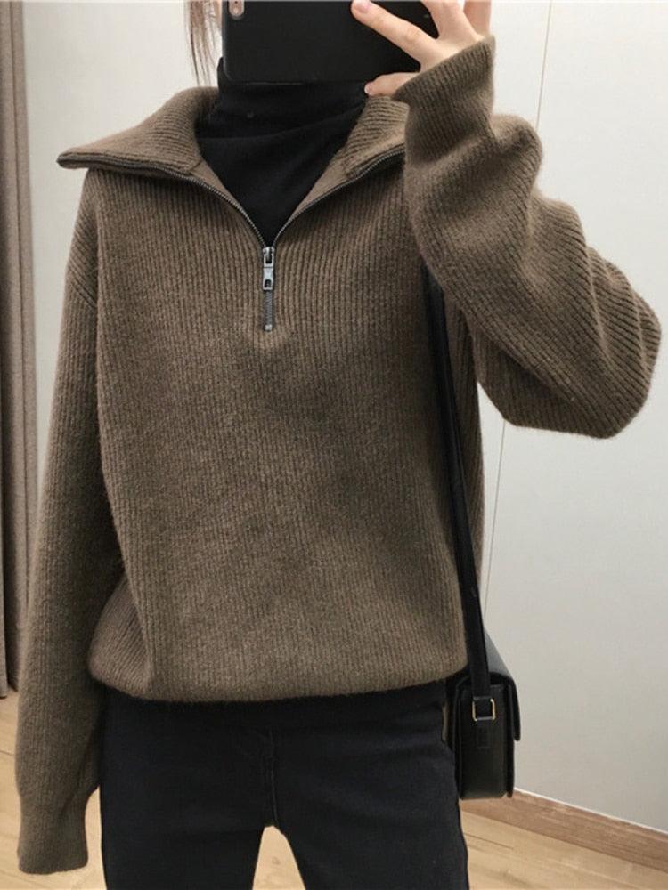 Zip Up Knitted Long Sleeve Sweater - ItemBear.com