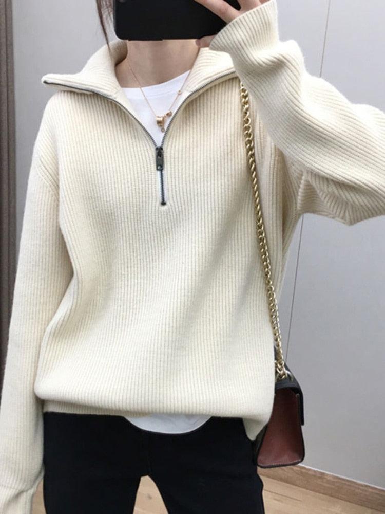 Zip Up Knitted Long Sleeve Sweater - ItemBear.com