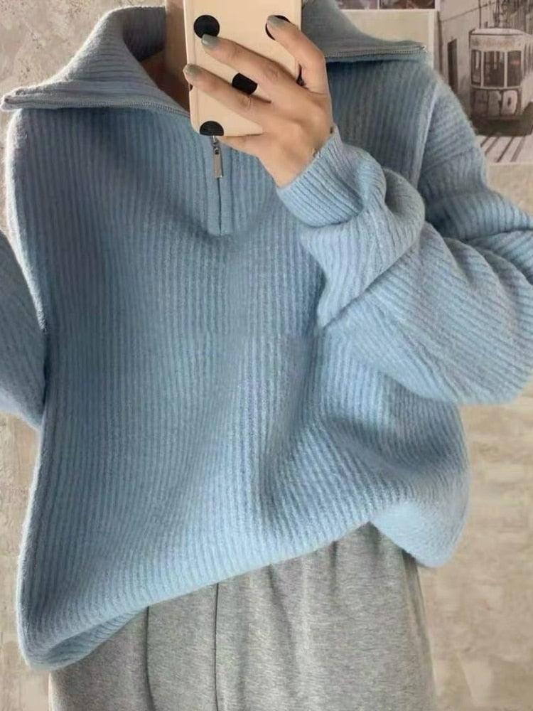 Zip Up Knitted Long Sleeve Sweater - ItemBear.com