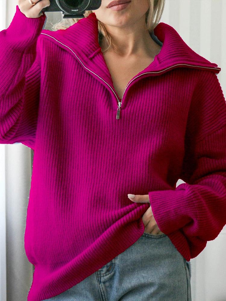 Zip Up Knitted Long Sleeve Sweater - ItemBear.com