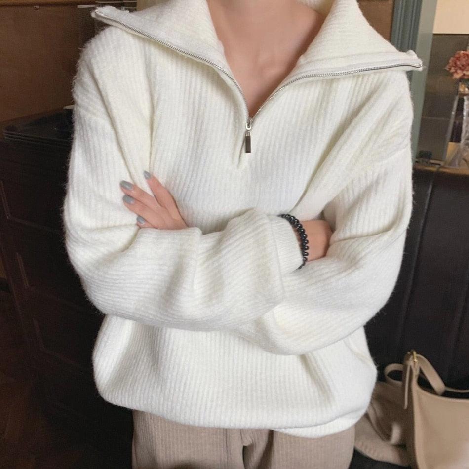 Zip Up Knitted Long Sleeve Sweater - ItemBear.com