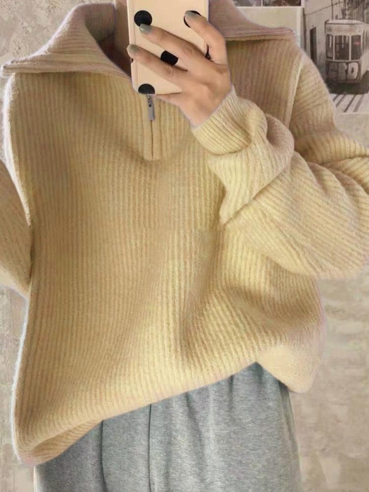 Zip Up Knitted Long Sleeve Sweater - ItemBear.com